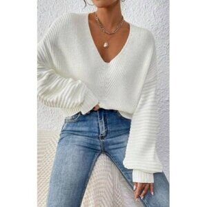White V Neck Drop Shoulder Sweater